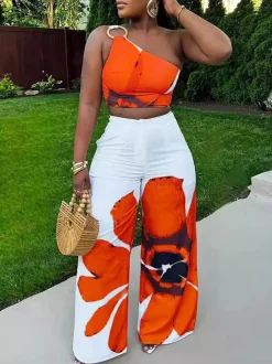 Two Piece One-Shoulder Floral Print Pants Set