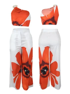Two Piece One-Shoulder Floral Print Pants Set