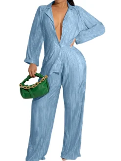 Two Piece Pleated Shirt Wide Leg Pants