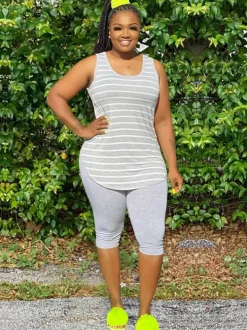 Two Piece Plus Size Sleeveless Top shorts Set