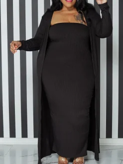 Two Piece Plus Size Solid Color Tube Dress Cardigan Set