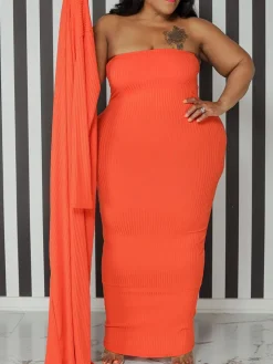 Two Piece Plus Size Solid Color Tube Dress Cardigan Set