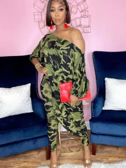 Two Piece Printed Irregular Top Skinny Long Pants