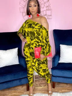 Two Piece Printed Irregular Top Skinny Long Pants