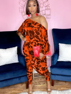 Two Piece Printed Irregular Top Skinny Long Pants