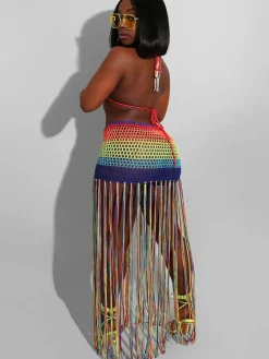 Two Piece Rainbow Tassels Skirt Swimsuit