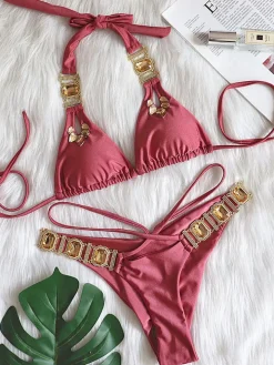 Two Piece Rhinestone Halter Bikini Swimsuit