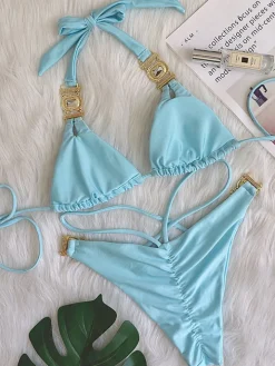 Two Piece Rhinestone Halter Bikini Swimsuit