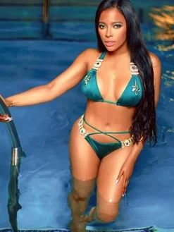 Two Piece Rhinestone Halter Bikini Swimsuit