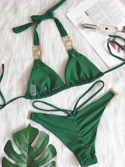 Two Piece Rhinestone Halter Bikini Swimsuit