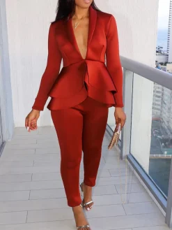 Two Piece Ruffle Blazer Bodycon Long Pants