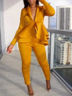 Two Piece Ruffle Blazer Bodycon Long Pants