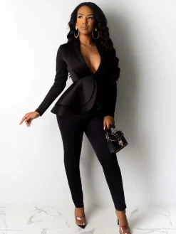 Two Piece Ruffle Blazer Bodycon Long Pants