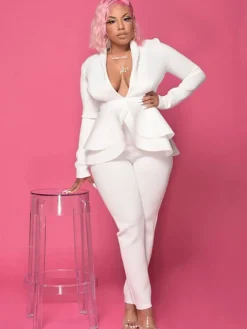 Two Piece Ruffled Blazer Pants Suit