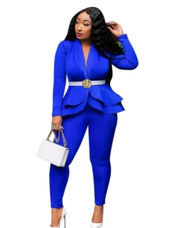 Two Piece Ruffled Blazer Pants Suit