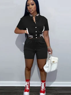 Two Piece Short Sleeve Color Block Baseball Tracksuit