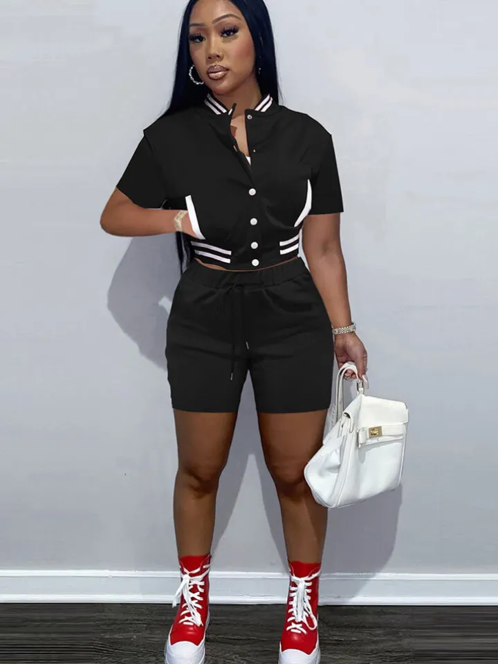 Two Piece Short Sleeve Color Block Baseball Tracksuit