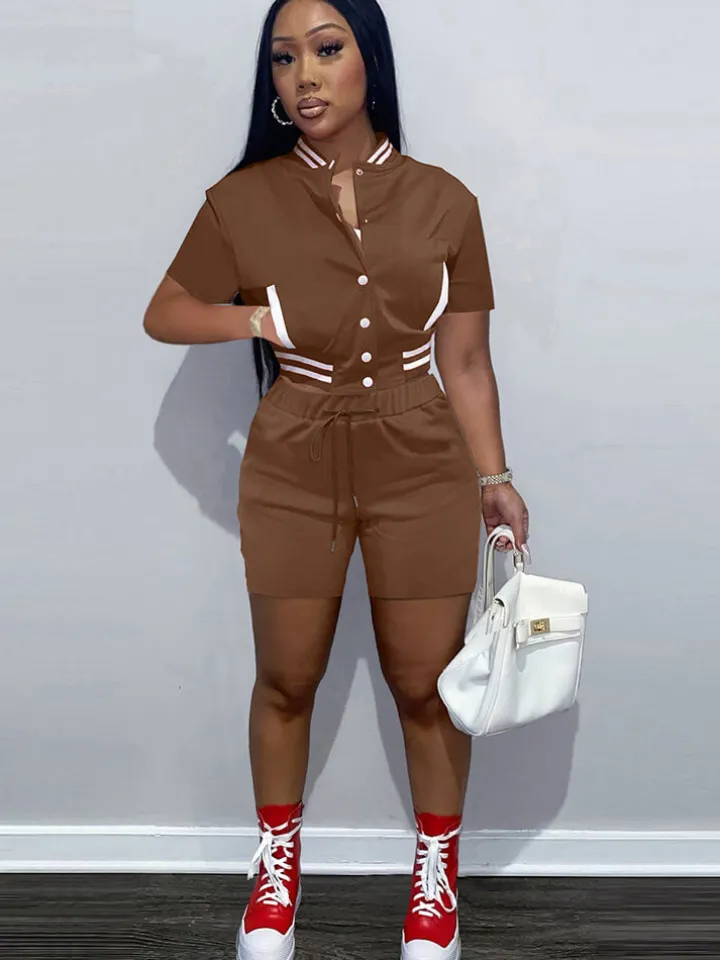 Two Piece Short Sleeve Color Block Baseball Tracksuit