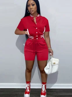 Two Piece Short Sleeve Color Block Baseball Tracksuit