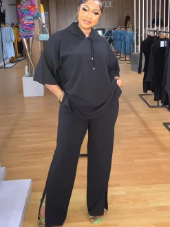 Two Piece Short Sleeve Hoodies Split Pants