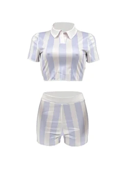 Two Piece Short Sleeve Striped Crop Top Shorts