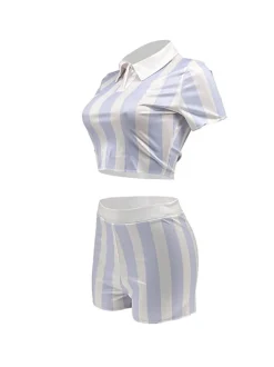 Two Piece Short Sleeve Striped Crop Top Shorts