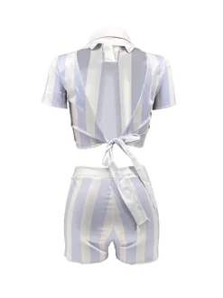 Two Piece Short Sleeve Striped Crop Top Shorts