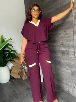 Two Piece Short Sleeve Top Drawstring Pants