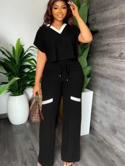 Two Piece Short Sleeve Top Drawstring Pants