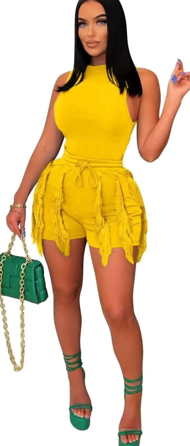 Two Piece Sleeveless Crop Top Tassel Shorts