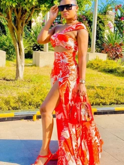 Two Piece Sleeveless Floral Crop Top Maxi Skirts