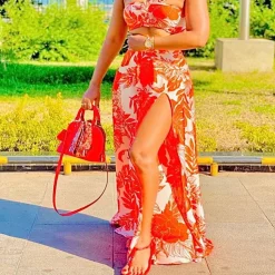 Two Piece Sleeveless Floral Crop Top Maxi Skirts