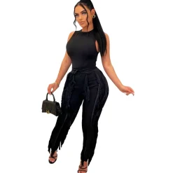 Two Piece Sleeveless Top Tassel Pants