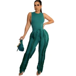 Two Piece Sleeveless Top Tassel Pants