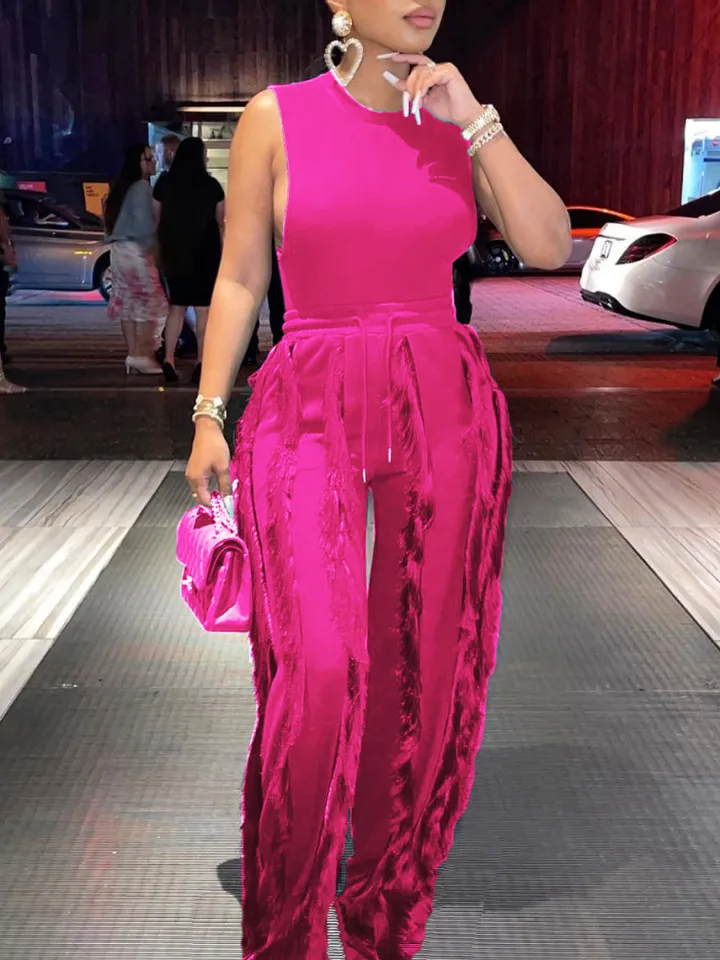 Two Piece Sleeveless Top Tassel Pants