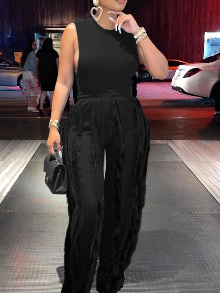 Two Piece Sleeveless Top Tassel Pants