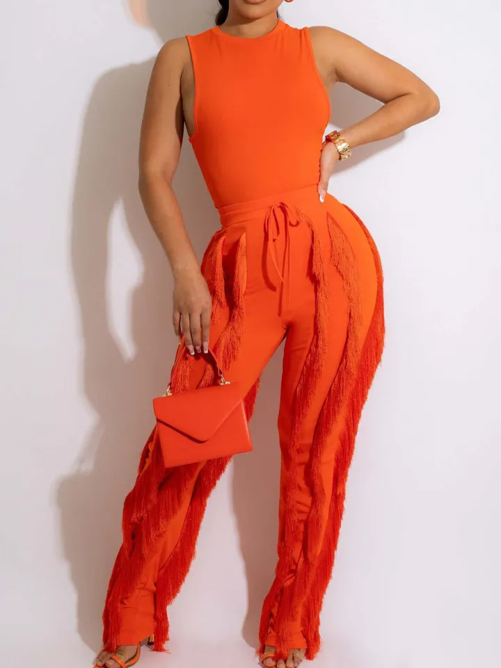 Two Piece Sleeveless Top Tassel Pants