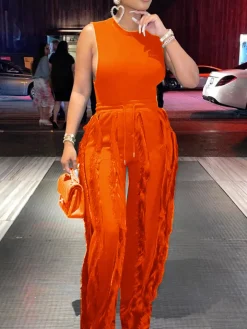 Two Piece Sleeveless Top Tassel Pants