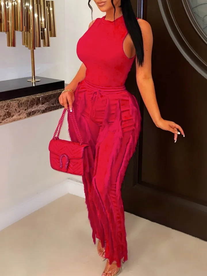 Two Piece Sleeveless Top Tassel Pants