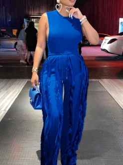 Two Piece Sleeveless Top Tassel Pants