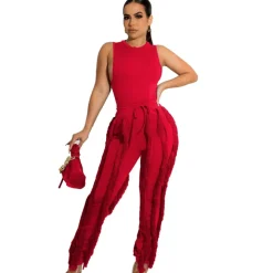Two Piece Sleeveless Top Tassel Pants