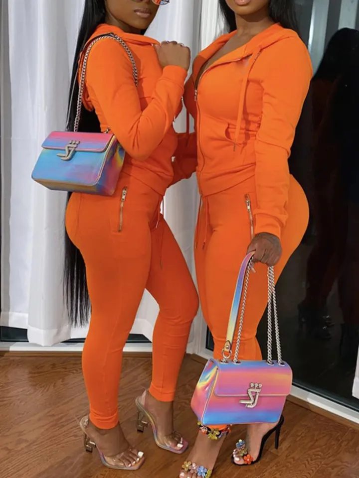 Two Piece Solid Color Hoodie Zip-Up Tracksuit