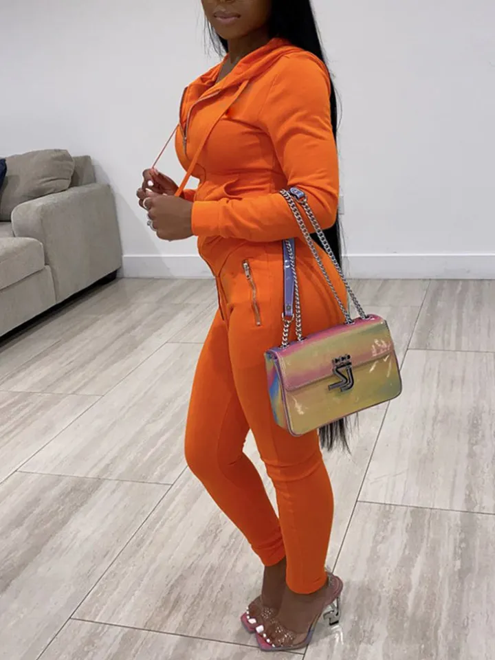 Two Piece Solid Color Hoodie Zip-Up Tracksuit