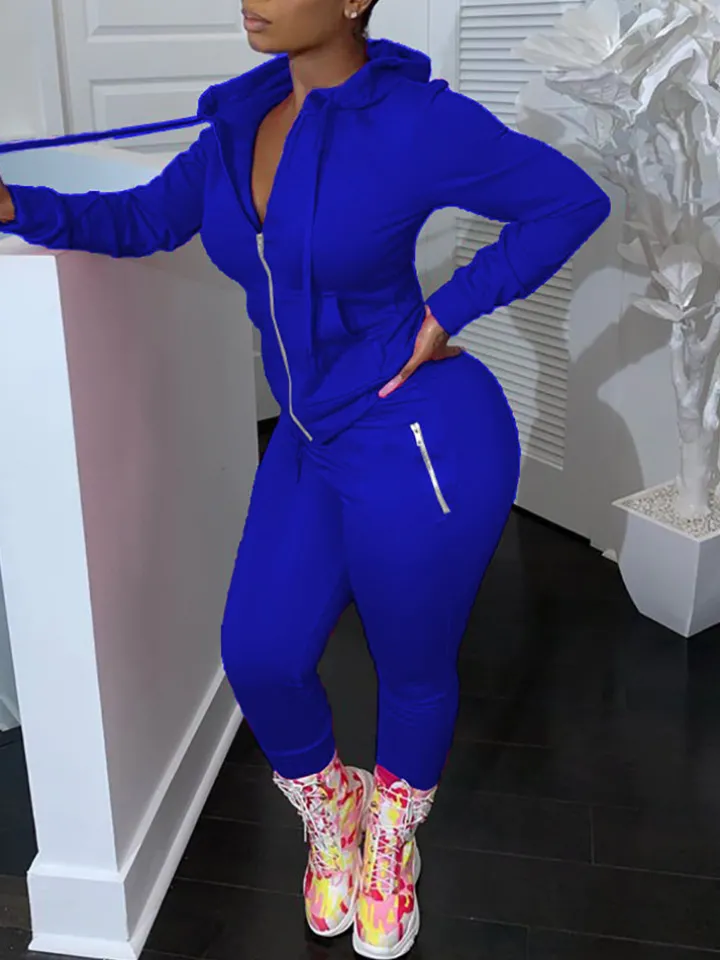 Two Piece Solid Color Hoodie Zip-Up Tracksuit