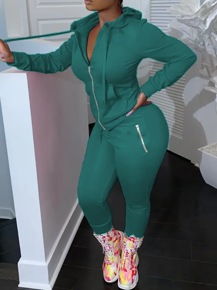Two Piece Solid Color Hoodie Zip-Up Tracksuit