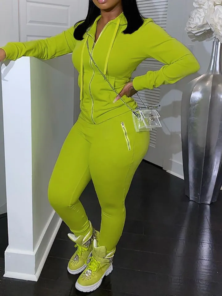 Two Piece Solid Color Hoodie Zip-Up Tracksuit
