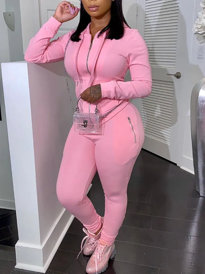 Two Piece Solid Color Hoodie Zip-Up Tracksuit