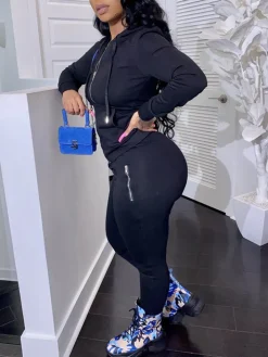 Two Piece Solid Color Hoodie Zip-Up Tracksuit