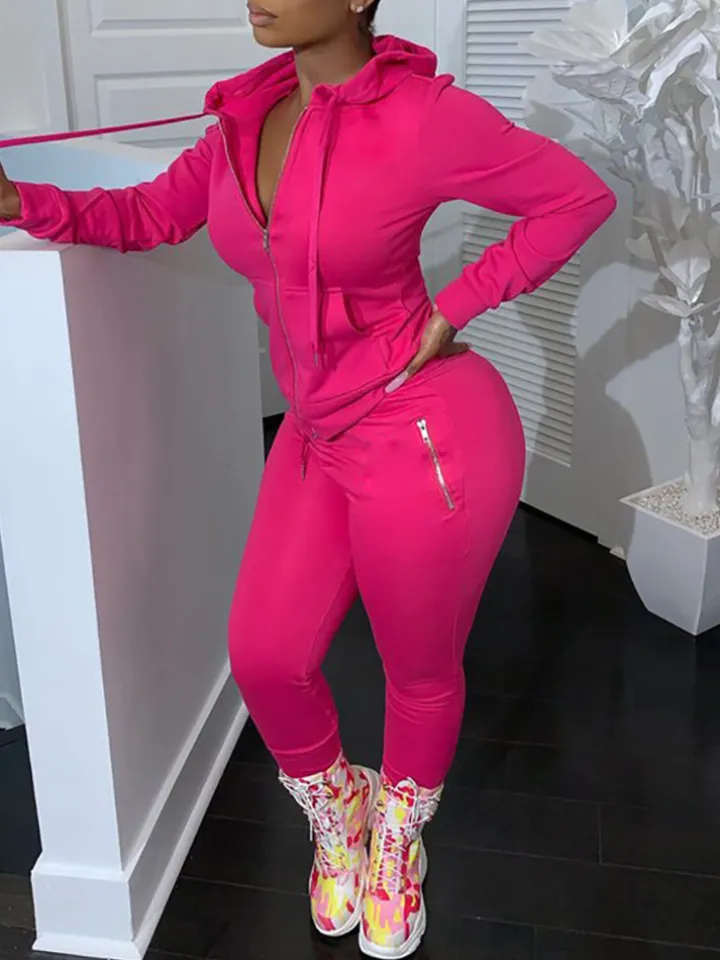 Two Piece Solid Color Hoodie Zip-Up Tracksuit