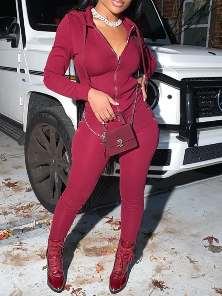 Two Piece Solid Color Hoodie Zip-Up Tracksuit
